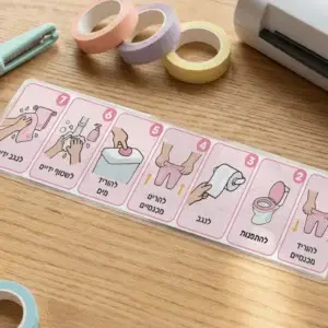 אילוסטרציה - תזרים שירותים, בנות. עצמאות סדר פעולות בשירותים לילדים